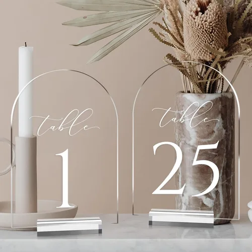 Miniatura 10 de Números de mesa de arco transparente para boda, mesa de acrílico arqueada de 5 x 7 pulgadas, números 1-10 con soportes, letrero de arco de acrílico