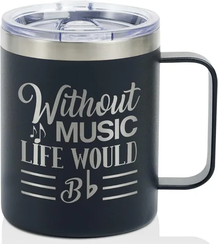 Onebttl Regalos para Amantes de la Música para Hombres, Masculino, Para Él - Sin Música la Vida Sería Plana - 12 oz / 350 ml Tazas Aisladas con Tapa