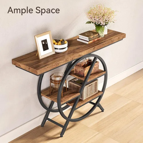 Miniatura 5 de LITTLE TREE Mesa consola para entrada, mesa de sofá de 39.37 pulgadas detrás del sofá, mesa de madera industrial de 4 niveles estrecha con marco
