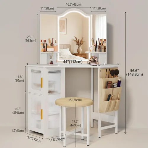 Miniatura 4 de LVSOMT Escritorio esquinero de maquillaje con espejo y luces, tocador de 44 pulgadas con estación de carga, mesa de maquillaje con taburete, armario