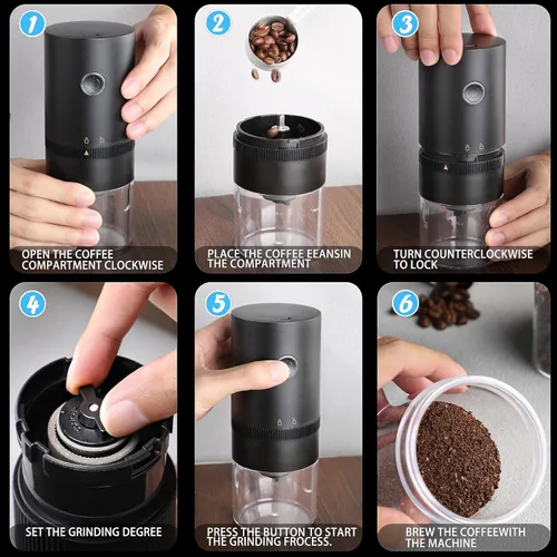 Miniatura 4 de Molinillo de café eléctrico con rebabas cónicas de acero inoxidable, molinillo de café portátil compacto con ajustes ajustables precisos (negro)