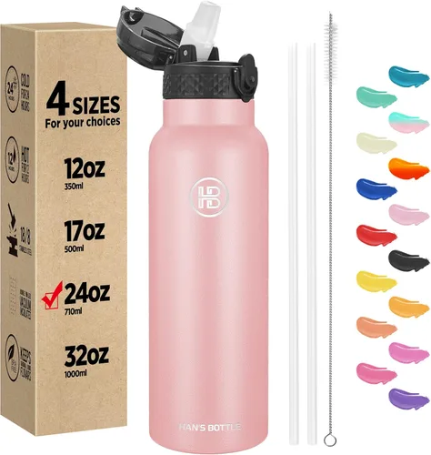 Miniatura 64 de Han's Bottle - Botella de agua para niños con tapa con pajilla - Vaso reutilizable de acero inoxidable aislado para niñas, niños, taza termo, 17