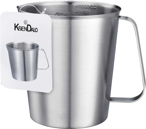 KSENDALO 48oz/1.4L Jarra de Medición de Acero Inoxidable SUS304 de 6 Tazas - Marcados Grabados con Precisión para Líquidos, Café, Leche y Espresso -