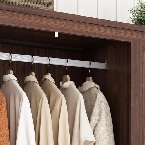 Miniatura 6 de Hlivelood Armario de 3 puertas con puertas y cajones, armario de madera de granja con estantes y barra para colgar para dormitorio, color marrón