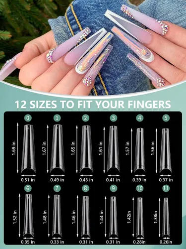 Miniatura 6 de 480 puntas de uñas transparentes XL largas, 240 puntas de uñas de ataúd con 240 puntas de uñas cuadradas sin curva C para uñas acrílicas