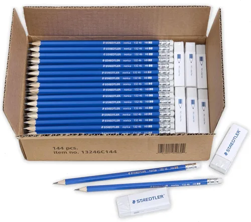 STAEDTLER Norica #2 HB Lápices de clase con gomas de borrar, juego de suministros escolares de 144 unidades, plomo resistente a la rotura, lápices