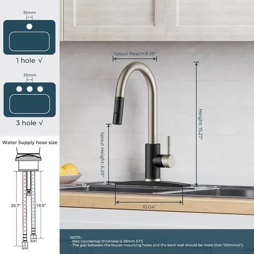 Miniatura 2 de FORIOUS Grifo de cocina con rociador extraíble, grifo de fregadero clásico moderno de arco alto de acero inoxidable con placa de cubierta para 1 o 3