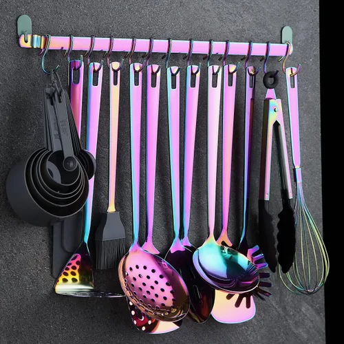 Miniatura 3 de Juego de utensilios de cocina de arco iris, Kyraton de acero inoxidable con 37 piezas, juego de herramientas de cocina con estante de utensilios