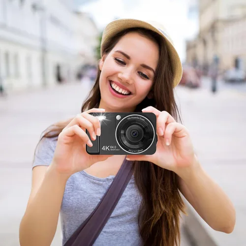 Miniatura 7 de Cámara digital, 4K 64MP, zoom 18X, cámara digital de apuntar y disparar con tarjeta TF de 64 GB y 2 baterías, cámara pequeña recargable portátil