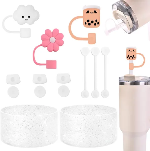 Juego de 14 accesorios de copa Stanley que incluye 9 tapones de silicona a prueba de derrames, 3 tapas de paja de 0.394 in, 2 fundas de silicona