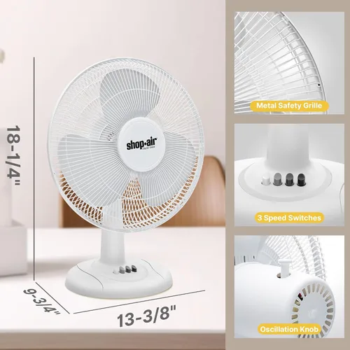 Miniatura 2 de Shop-Air Ventilador de mesa oscilante de 12 pulgadas, 3 velocidades, circulación de aire silenciosa y potente, inclinación de cabeza ajustable