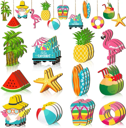 Miniatura 15 de Geelin 36 piezas de adornos colgantes de madera de verano para árbol mini decoración de árbol hawaiano playa colgante de madera con cuerda