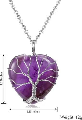 Miniatura 6 de Top Plaza - Collar de cuarzo rosa natural curativo con árbol de la vida envuelto en alambre de plata con forma de corazón colgante para mujeres