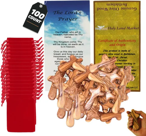 Miniatura 9 de Holy Land Market cruz de mano de madera de olivo con bolsa de regalo de terciopelo, de Belén, Madera, 4 pulgadas