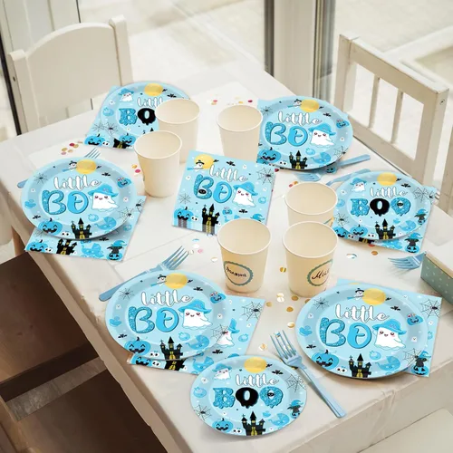 Miniatura 6 de 96 PIEZAS Platos y Servilletas de Halloween Little Boo Baby Shower para decoraciones de baby shower Boo, vajilla desechable azul y negra, platos