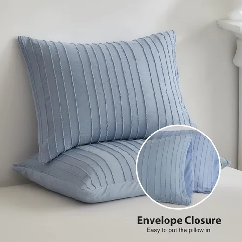 Miniatura 4 de WARMDERN Juego de funda de edredón a rayas azules, ropa de cama con textura bohemia acolchada con mechones, 2 piezas tamaño Twin de microfibra