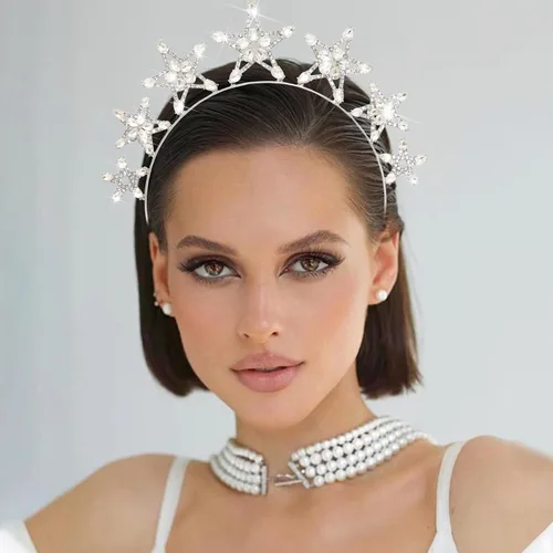 Miniatura 5 de Diadema de corona de halo de estrella plateada, diadema de halo de cristal, tiaras de diosa, tocado de novia, boda, graduación, Halloween