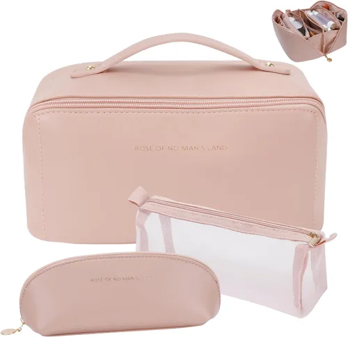 Miniatura 10 de 3 bolsas de maquillaje de viaje portátiles de gran capacidad para mujeres, estuche organizador de maquillaje plano abierto, bolsa organizadora