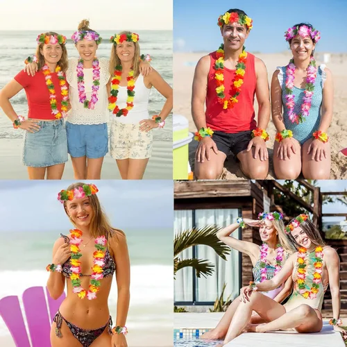 Miniatura 4 de jollylife 60 collares hawaianos de Luau Leis, pulseras, diademas tropicales de hibisco, flores tiki, suministros de fiesta de piscina de verano