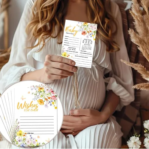 Miniatura 4 de 50 tarjetas de predicción de bebé para juegos de baby shower, tarjetas de deseos y consejos de flores silvestres con caja para decoraciones de baby