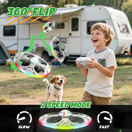 Miniatura 4 de Mini dron OVNI para niños – Avión volador RC de juguete helicóptero de control remoto con luces LED, vuelo automático, 2