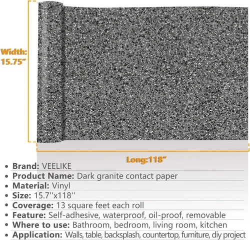 Miniatura 9 de VEELIKE Papel de contacto de granito de 15.7 x 118 pulgadas para encimeras de cocina, papel de contacto de mármol impermeable para despegar y pegar