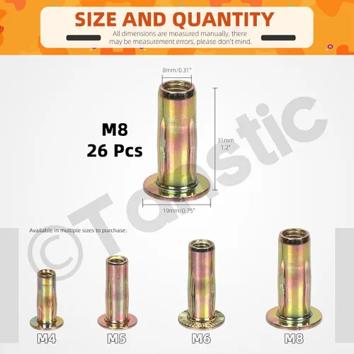 Miniatura 2 de Tanstic Kit de tuercas remachadoras M8 multiagarre, 26 piezas, acero al carbono chapado en zinc, tuerca de remache de alta resistencia, insertos