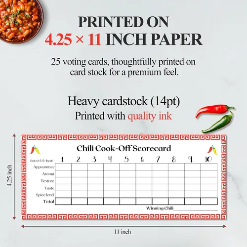 Miniatura 3 de Chili Cook Off - Tarjeta de puntuación de competencia – Boletas de juicio de Chili para tu Chili Cook-off – 25 tarjetas de votación – Fabricado