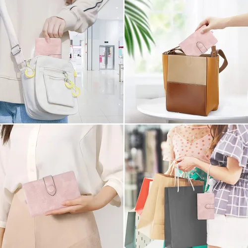 Miniatura 6 de Billeteras con bloqueo RFID para mujer, de gran capacidad, de cuero suave, cartera pequeña con correa para la muñeca, Rosado, Casual