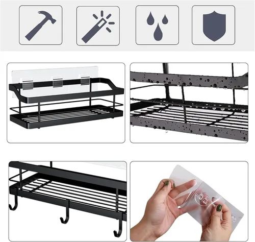 Miniatura 5 de Estante de baño para ducha, paquete de 2, cesta con 8 ganchos para colgar champú acondicionador, estante de acero inoxidable, organizador