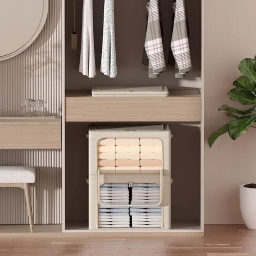 Miniatura 3 de Paquete de 3 cajas de almacenamiento con marco, bolsas de almacenamiento de ropa, tela Oxford, plegable, apilable, juego organizador con ventana