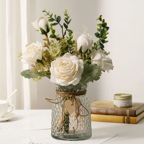 Miniatura 7 de YJ Flores falsas con jarrón, flores artificiales de seda ramo de flores en jarrón, arreglos florales sintéticos, decoración de mesa de granja, Rosa