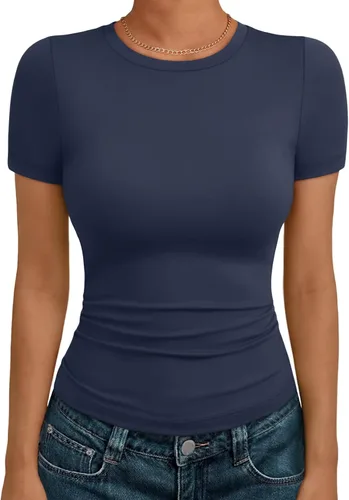 Miniatura 21 de AUTOMET - Camisetas básicas de manga corta para mujer, para verano, entrenamiento o gimnasio, con cuello redondo, ropa moderna estilo Y2K