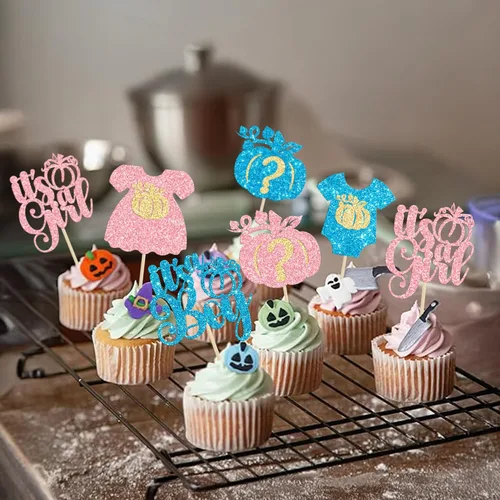 Miniatura 6 de Gyufise 24 adornos para cupcakes de revelación de género, decoraciones para pasteles de niños o niñas para Acción de Gracias, Halloween, tema