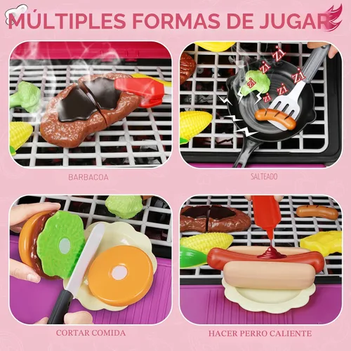 Miniatura 4 de Juguetes de Cocina para Niños, Parrilla de Barbacoa para Niños Juego de Cocina con Humo, Sonido y Luz, Juguetes de Comida Rosa Juego de Cocina