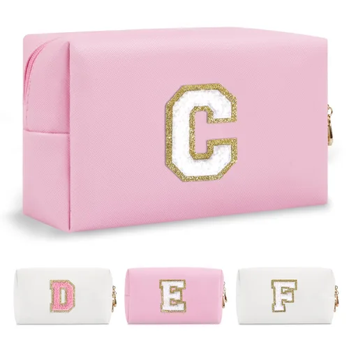 Miniatura 291 de Pequeña bolsa de maquillaje personalizada con inicial A-Z Preppy Patch, bolsa de cosméticos de viaje de felpilla blanca con cremallera, bonita bolsa