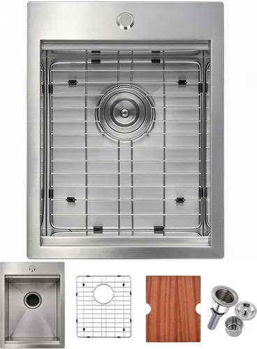 Miniatura 11 de Fregadero de Barra Negro de Montaje Inferior, Fregadero de Cocina de Acero Inoxidable de 15x20 Pulgadas, Estación de Trabajo de Montaje Superior