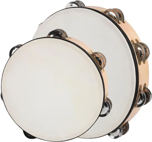 Miniatura 9 de Pandereta de 8 Pulgadas con Parche de Piel de Cabra y Concha de Haya, 6 Pares de Sonajas de Metal, Pandereta de Mano para Adultos, Ideal para Danza
