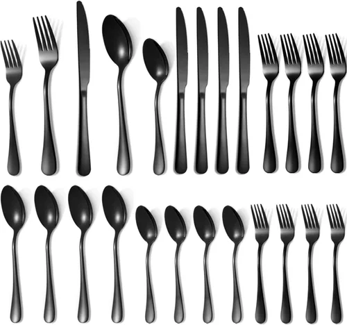 Lazycorner - Juego de cubiertos negros de 20 piezas para 4, juego de cubiertos de acero inoxidable pulidos al espejo, tenedor, cuchillo, cuchara,