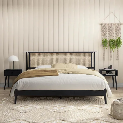 Miniatura 10 de NTC Marco de Cama de Madera Ruby con Cabecero y Ratán Natural, Base de Madera Sólida de Roble/Caucho con Listones Silenciosos, Capacidad de 1000