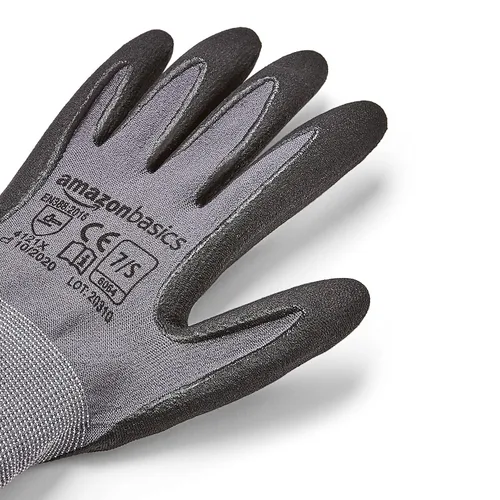 Miniatura 5 de Amazon Basics Guantes con revestimiento de nitrilo de microespuma, fibra de forro de nailon, pantalla táctil, gris, talla 7 (S), paquete de 6