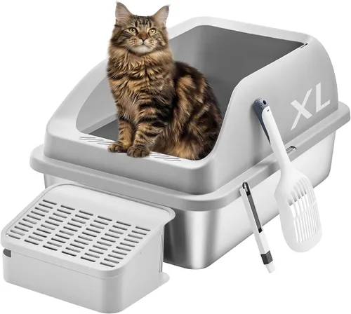Miniatura 8 de Feandrea Caja de arena para gatos de acero inoxidable con tapa abatible, alfombrilla y caja, 2 puertas, cuchara, para gatos de hasta 33 libras, gris
