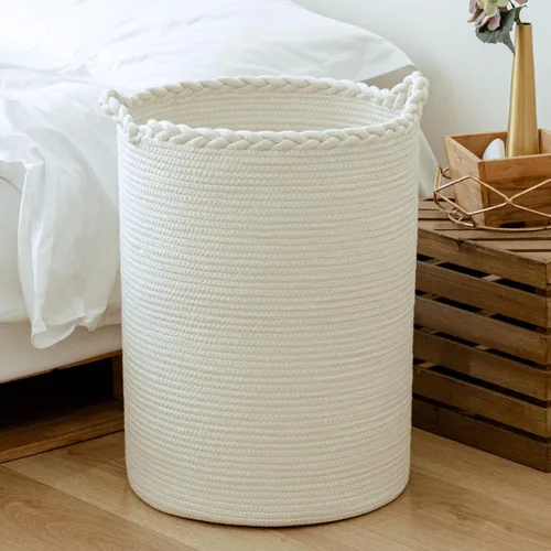 Canasta de lavandería tejida de algodón de 58 litros, cesta alta para ropa, mantas, almohadas, juguetes, zapatos, gran cesta de lavandería color