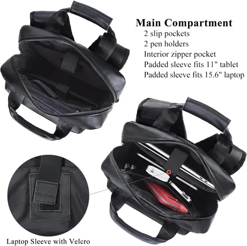 Miniatura 4 de Masa Kawa Mochila de cuero negro para hombre 15.6 pulgadas, bolsa para computadora portátil, múltiples bolsillos, casual, trabajo, negocios, viajes