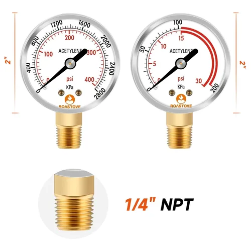 Miniatura 2 de Manómetros de baja y alta presión para regulador de acetileno 0-30 psi y 0-400psi - 2 pulgadas - 1/4" NPT rosca