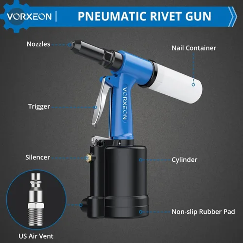 Miniatura 3 de Pistola remachadora neumática Air Riveter 3/32", 1/8", 5/32", 3/16" para industrias automotrices, construcción, mantenimiento de metales. Presión