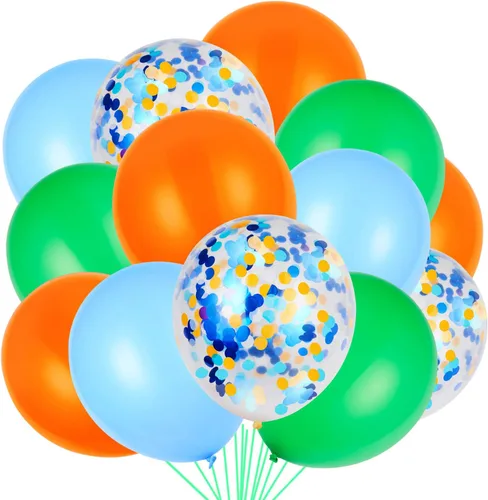 Globos de látex naranja, azul y verde con globos de confeti para fiesta de cumpleaños de dinosaurio baby shower (80 paquetes)