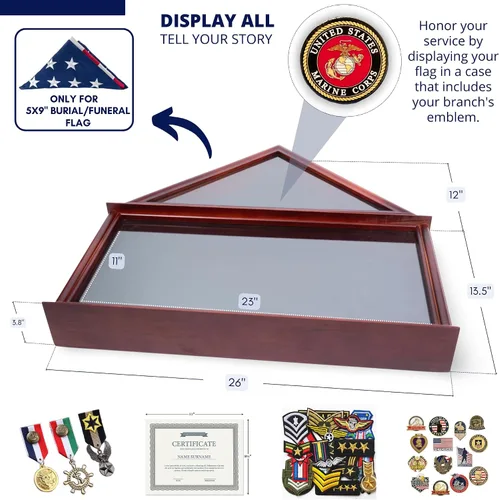 Miniatura 3 de DECOMIL - Marco grande de caja de sombra militar, vitrina conmemorativa de entierro funerario para bandera de 5 x 9, madera maciza con placa