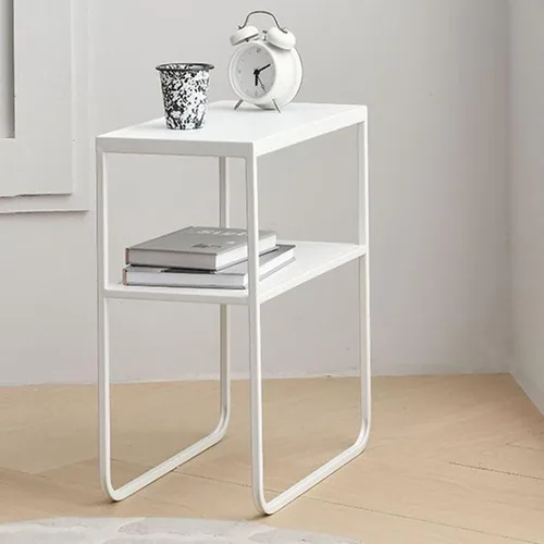 Miniatura 2 de Mesa auxiliar de metal para sofá cuadrado, estante de almacenamiento de doble capa, mesitas de noche movibles modernas, mesa auxiliar