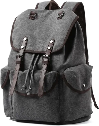 Miniatura 10 de MOYYI Mochila de lona para hombre para laptop de 13 a 17.3 pulgadas, mochila vintage duradera con ribete de cuero para uso diario, universidad